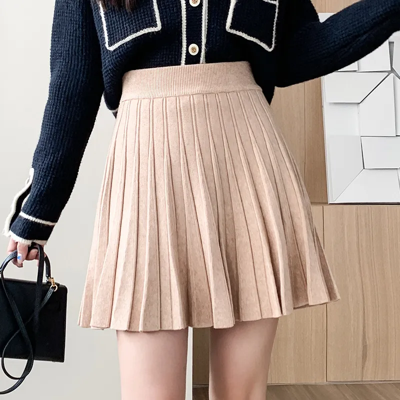 Knitted High Waist Slimming All-matching A- Line Pleated Half-length Wool Pettiskirt - Camel