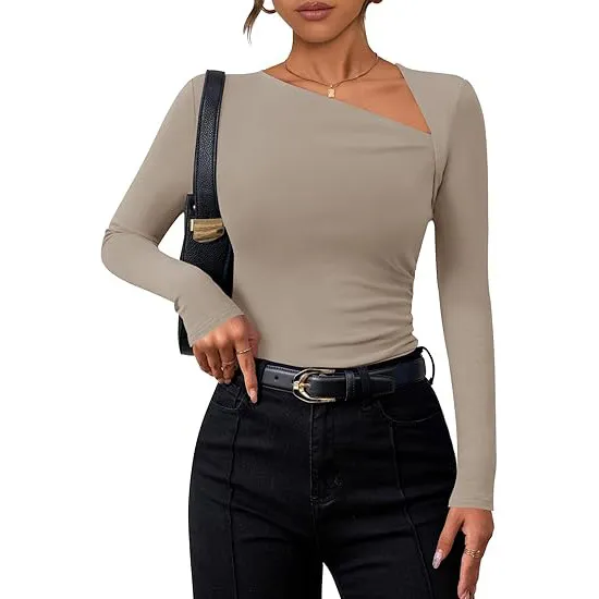 Women's Long sleeved Diagonal Collar T shirt Khaki - Shop at LoveMi
