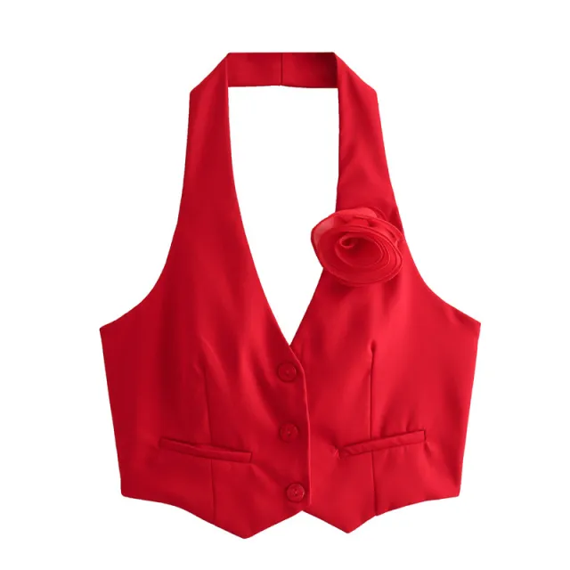 Trade Cross border French Sexy Backless Flower Decoration Waistcoat Vest Red - Shop at LoveMi