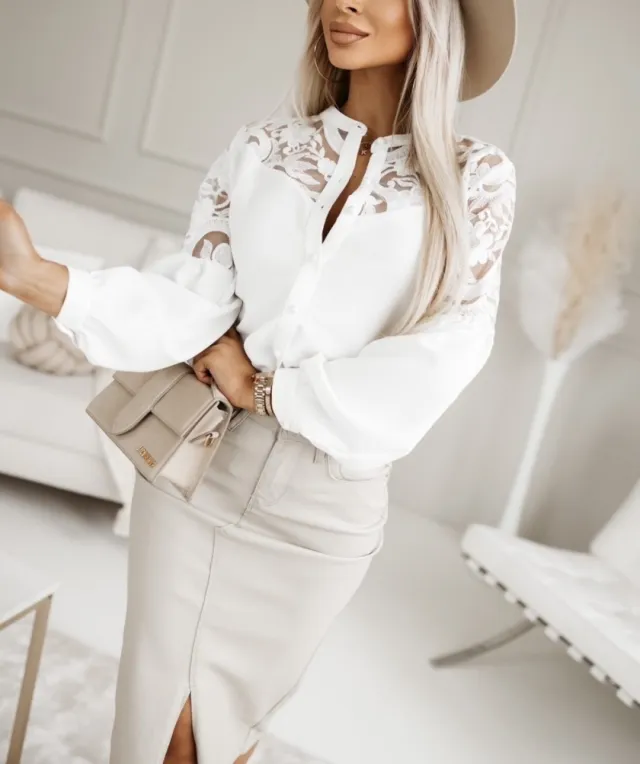 Autumn And Winter New Women's Solid Color Lace Stitching Shirt White - Shop at LoveMi