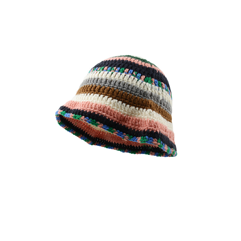 Handcrafted Hollow Crochet Color-Block Striped Fisherman Hat For Women - Women's Clothing