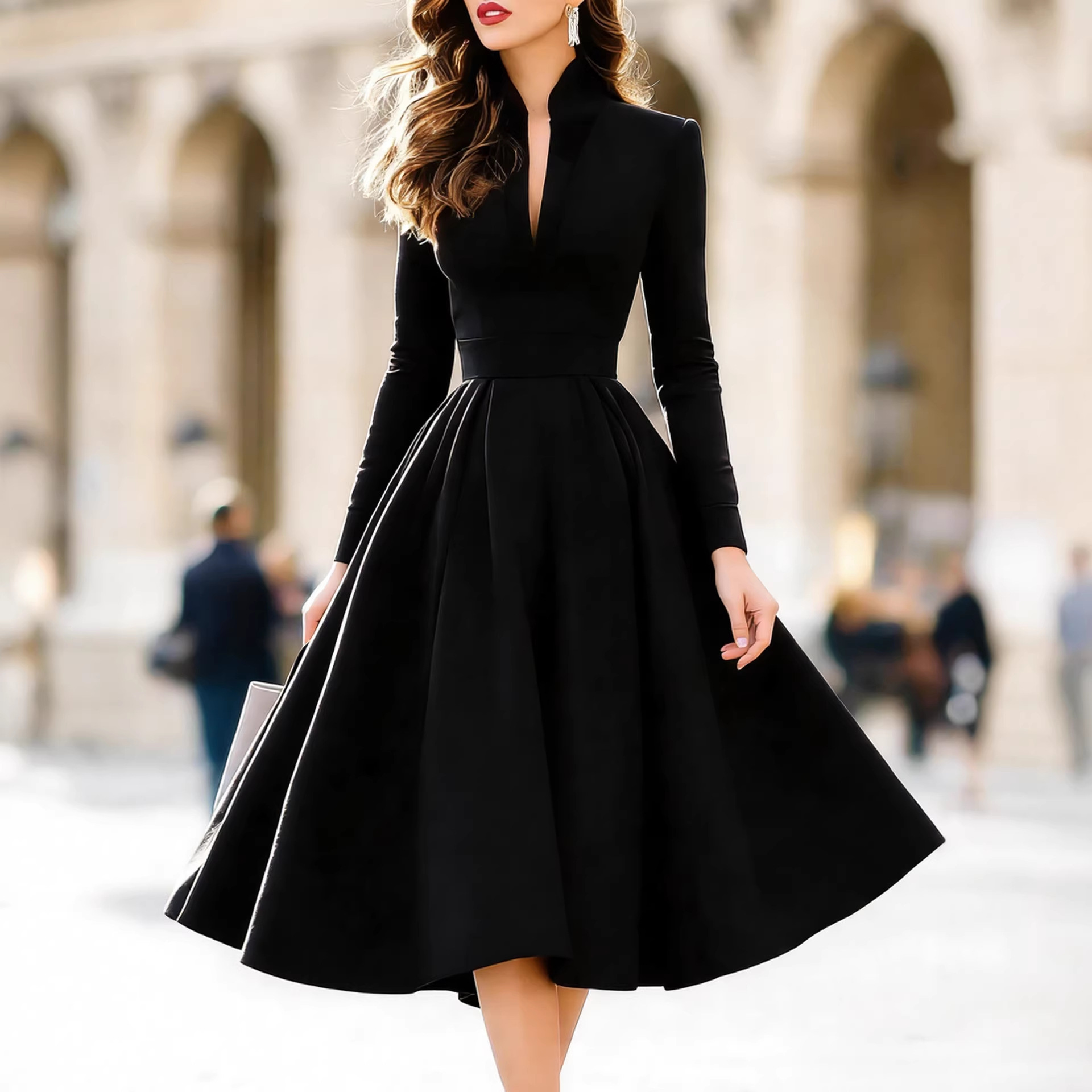 Stylish And Elegant V-neck Satin Long-sleeve Dress With A Tie Waist