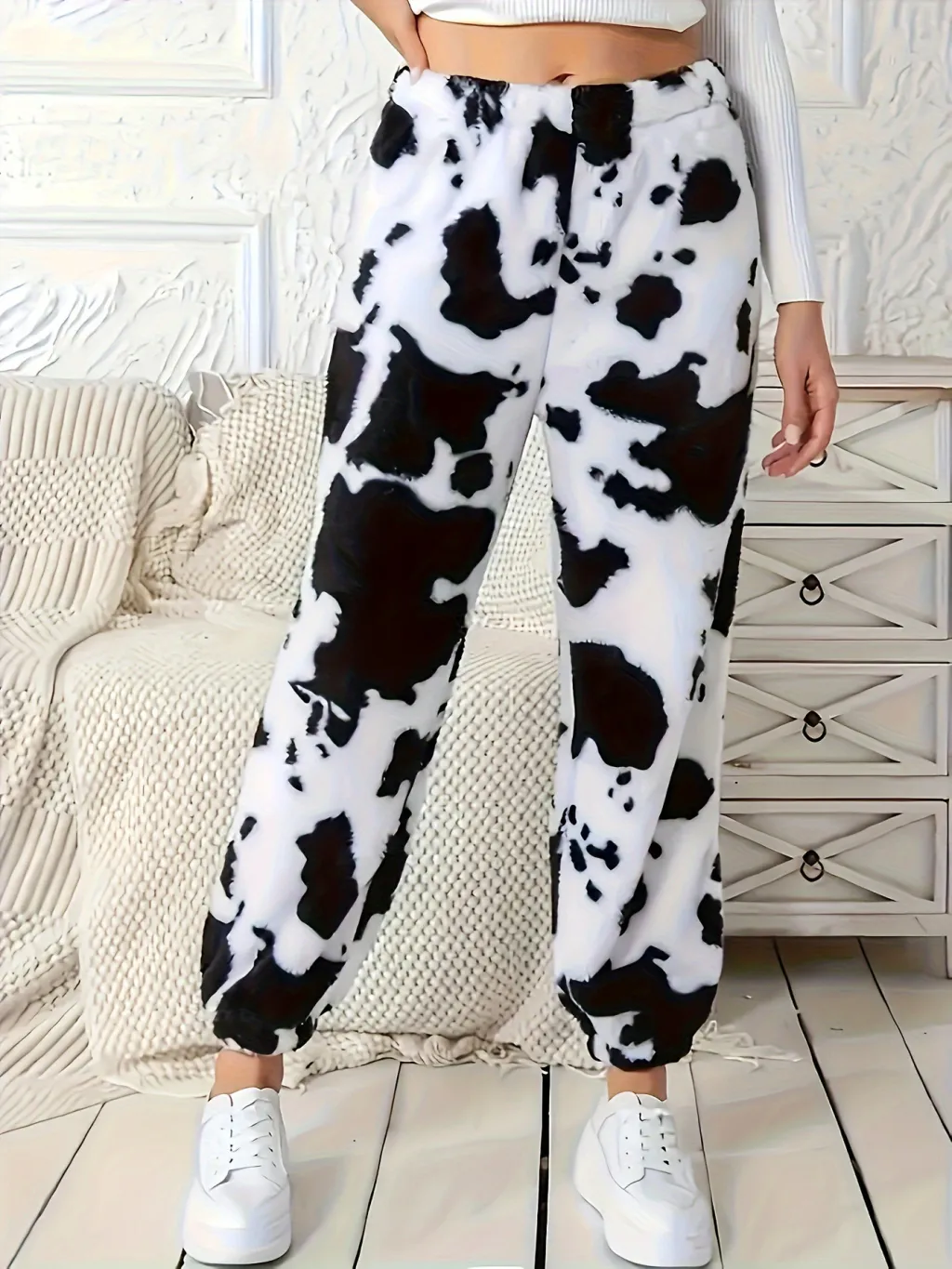 Women's Fashion Cow Print Pattern Loose Trousers - White