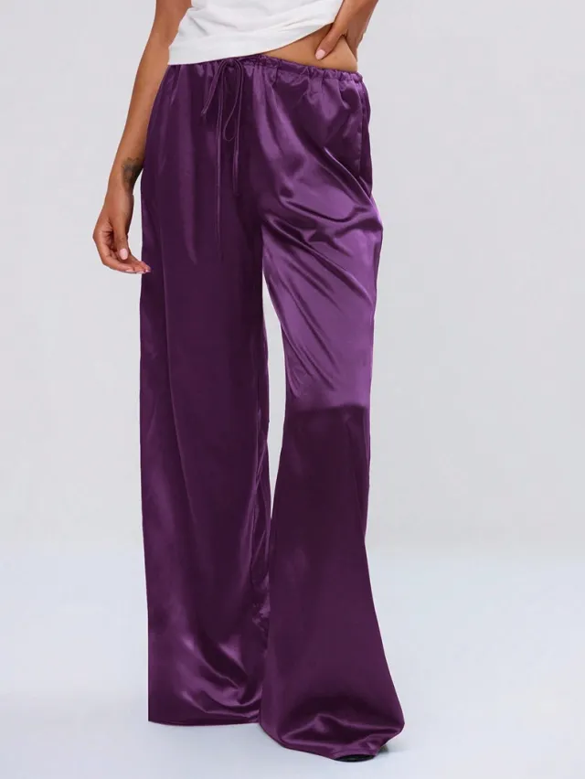 Satin Loose Wide Leg Drawstring Long Pants Purple - Shop at LoveMi