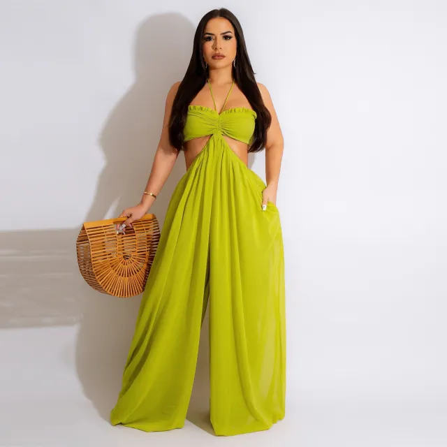 Chiffon Chest wrapped Bare Back Wide leg Jumpsuit European And American Green - Shop at LoveMi