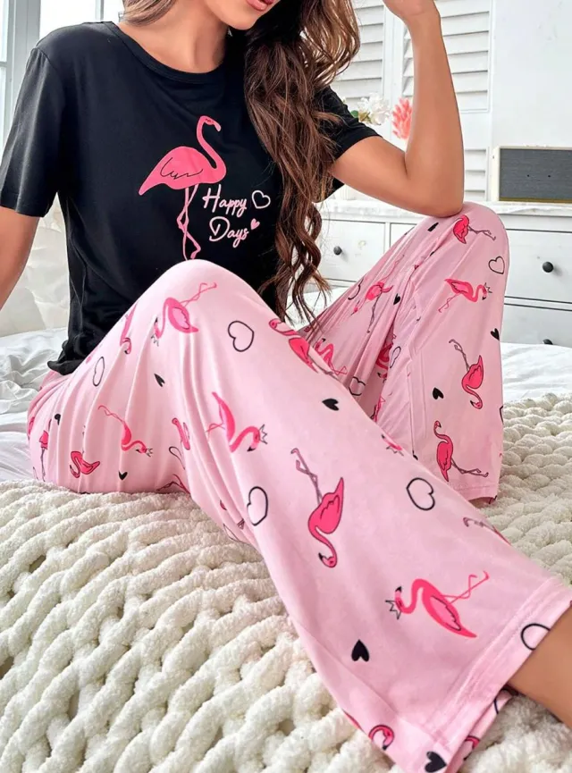 Home Round Neck Printed Short Sleeve T shirt Top And Trousers Suit Floral 7 - Shop at LoveMi