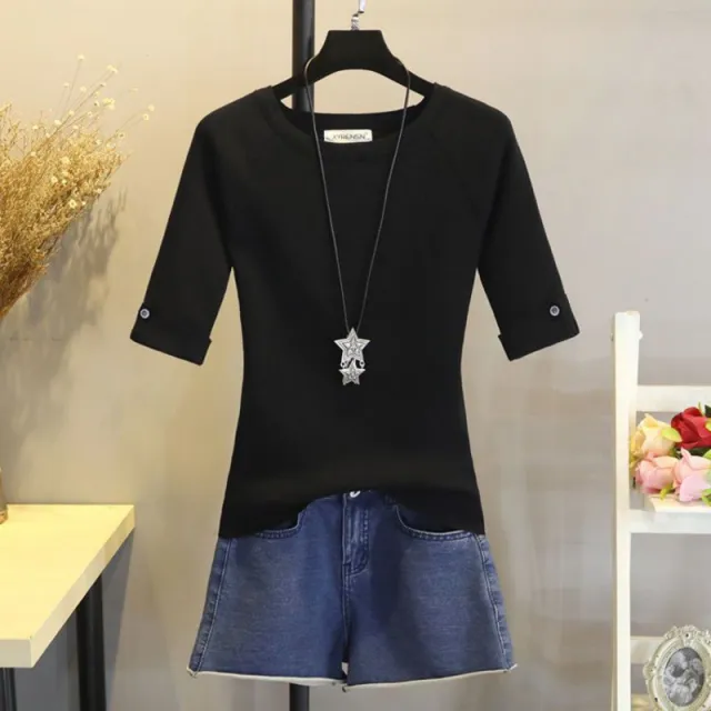 Slim Fit Slimming Round Neck Elbow Sleeve Sweater Half Sleeve T shirt For Women Black - Shop at LoveMi