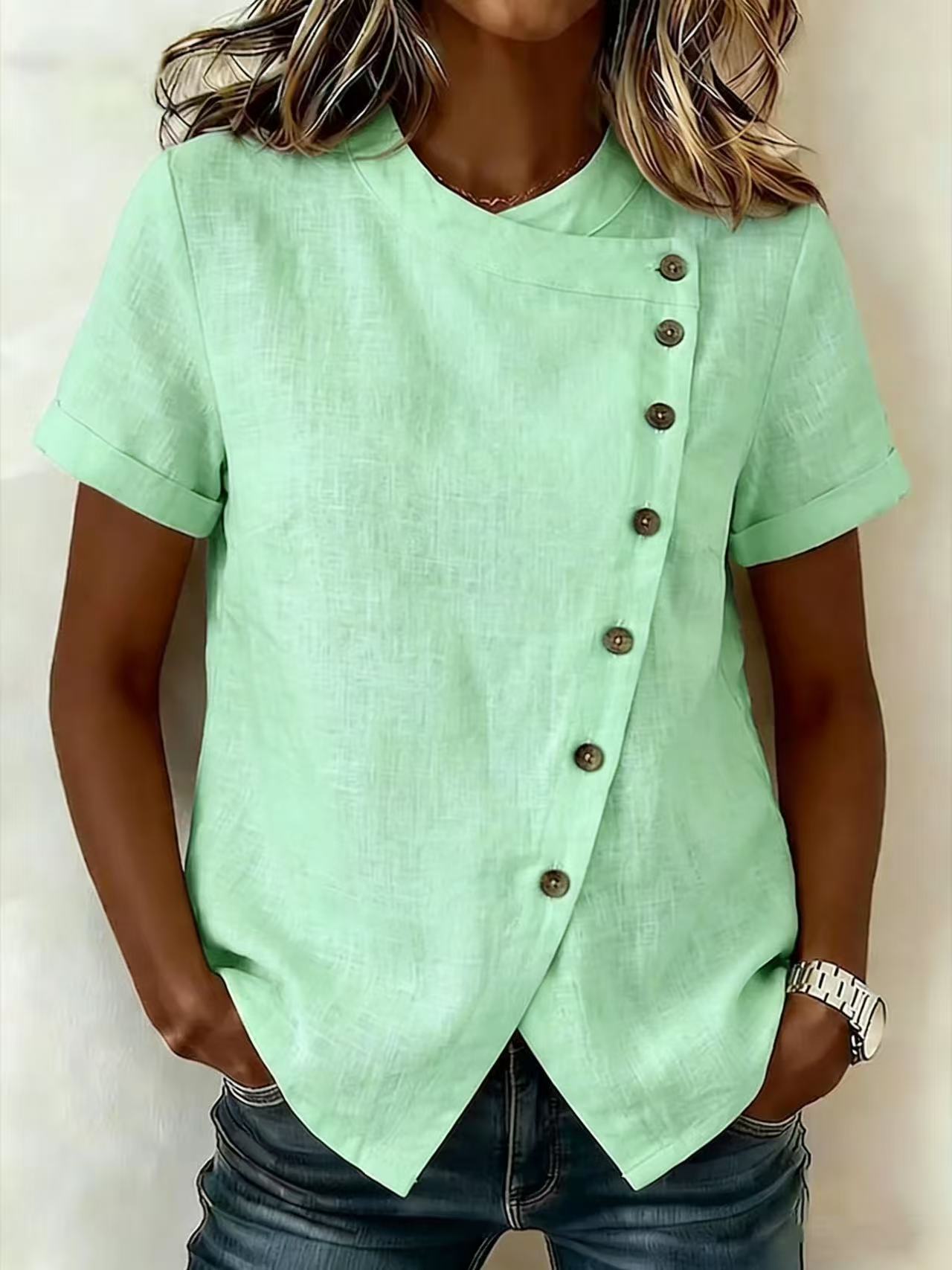 Women's asymmetrical hem top – beige apricot colorway cross neckline detail