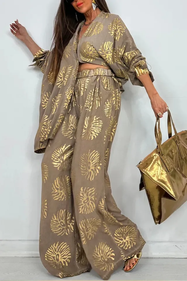 Women's Lapel Print Loose Casual Long Sleeve Set Khaki - Shop at LoveMi