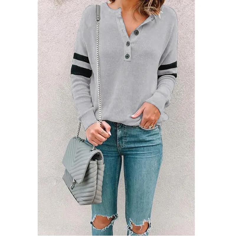 European And American Women's Clothing Patchwork Round Neck Button T-shirt Top - Gray