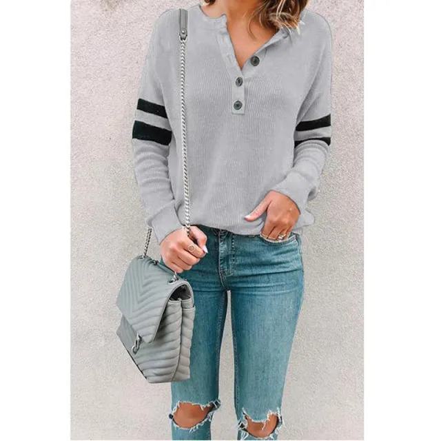 European And American Women's Clothing Patchwork Round Neck Button T shirt Top Gray - Shop at LoveMi