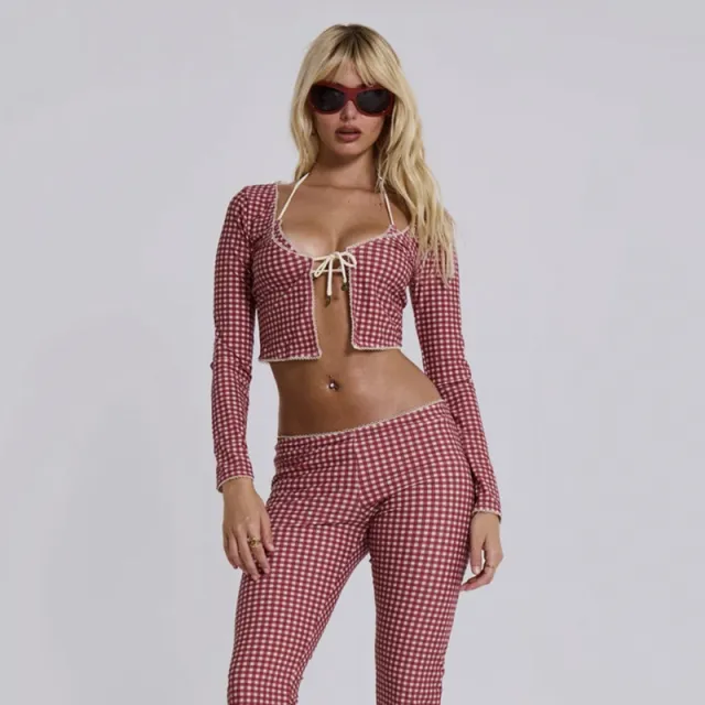 French Retro Slim fit Pure Plaid Long sleeved Lace up T shirt Cardigan Red - Shop at LoveMi