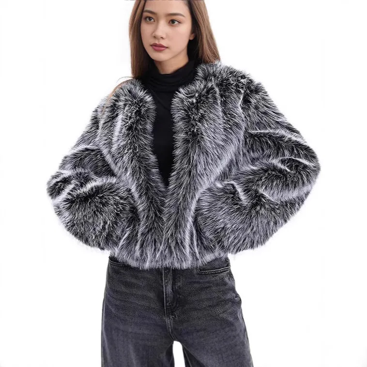 Coat Women's Faux Fur Long Sleeve Front Cardigan Short With Pockets - Black And White Two Tone