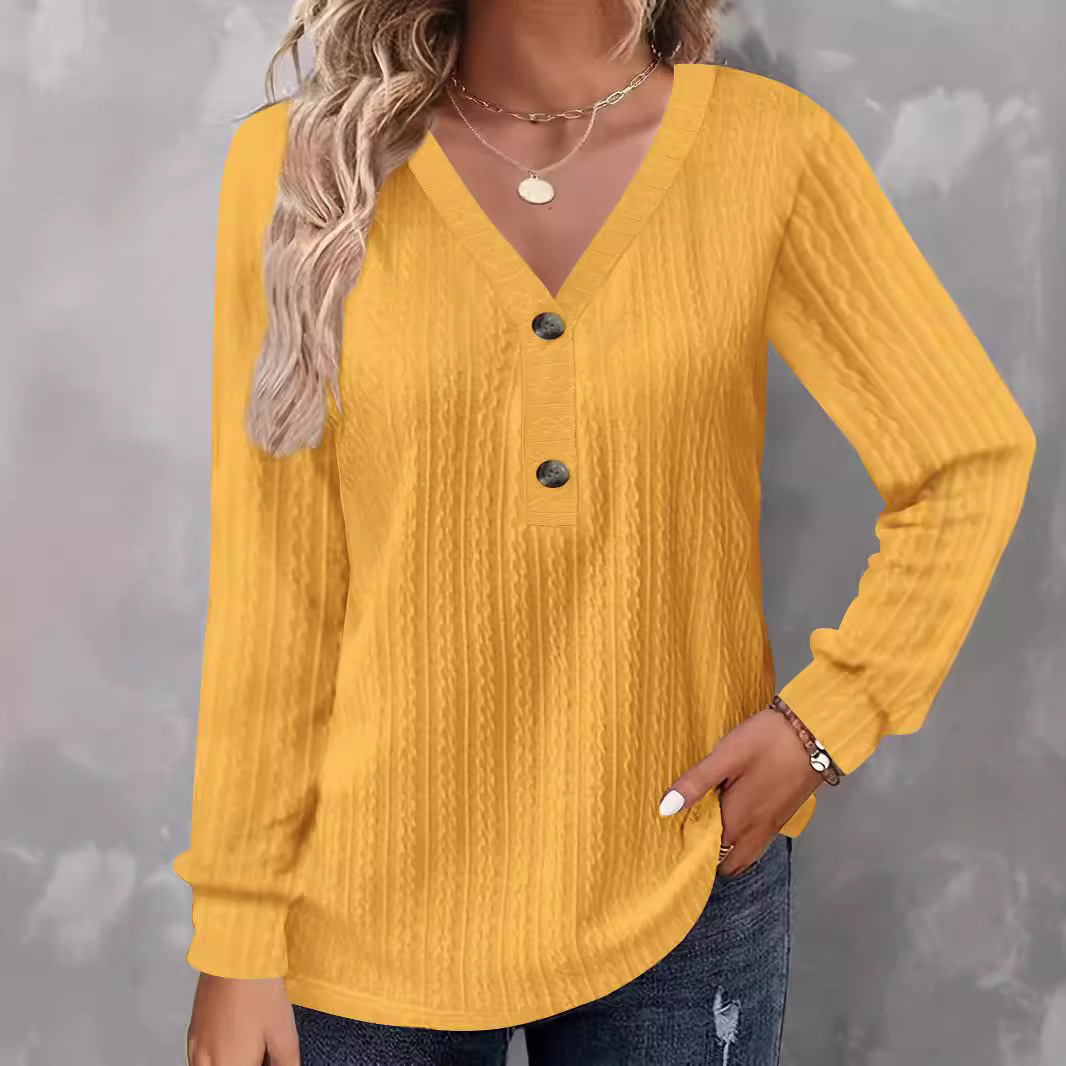 Buttoned Long-sleeve Solid-color V-neck Casual Chic