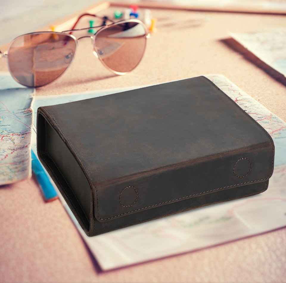 Title 3, Crazy Horse Leather Rectangular Glasses Case Ha...