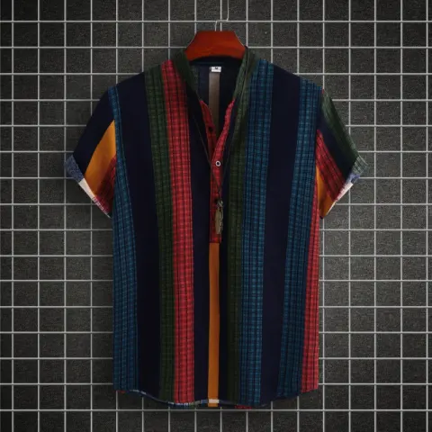 Men's Stand Collar Ethnic Style Striped Cotton-linen Shirt Fashion