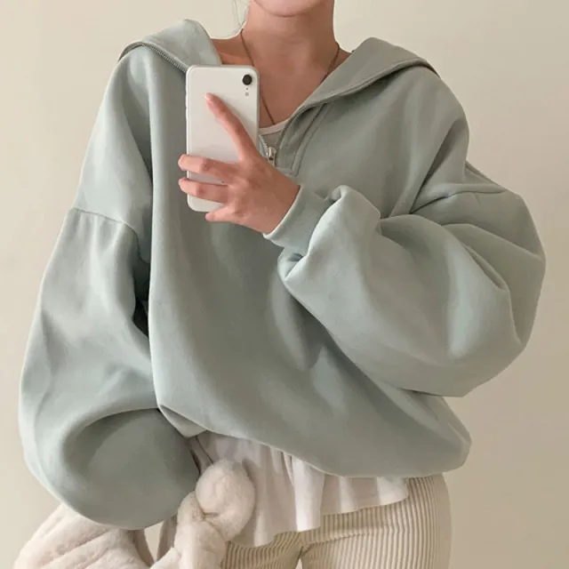 Age reducing Sailor Collar Loose Leisure All matching Solid Color Long Sleeve Pullover Hoodie Women Green Gray - Shop at LoveMi