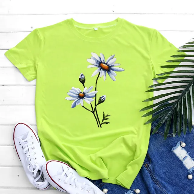 Women's Fashion Flower Print Round Neck Short Sleeve T shirt Fluorescent Green - Shop at LoveMi