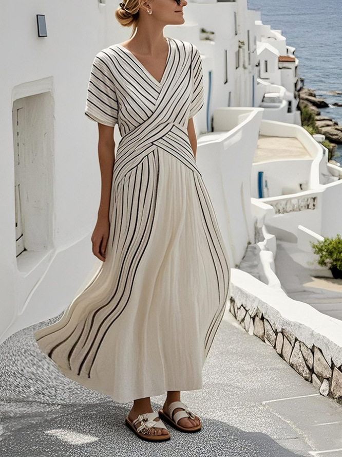 Women's Large Loose Striped Print Dress White - Shop at LoveMi