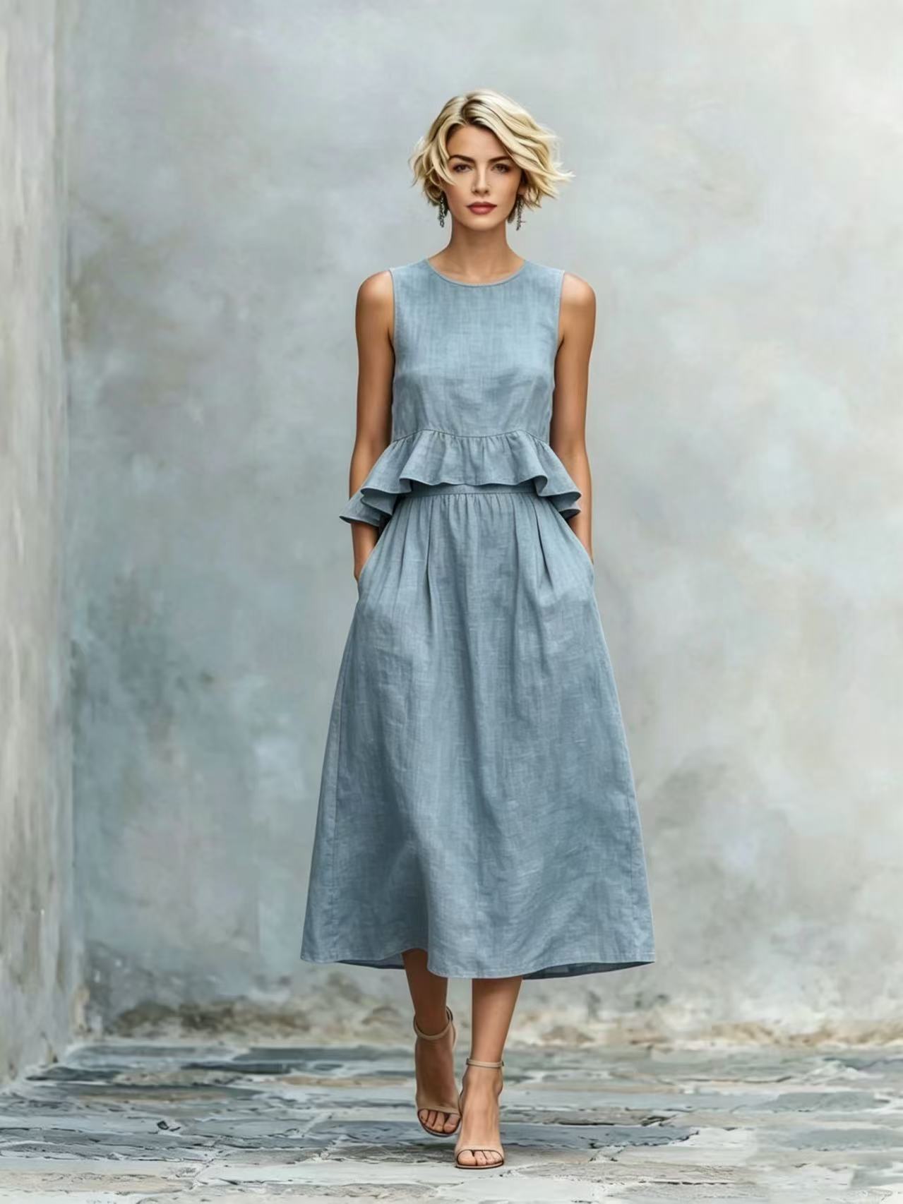 Women's Ruffle Trim Resort Maxi Dress in Peacock Blue – vacation style dress