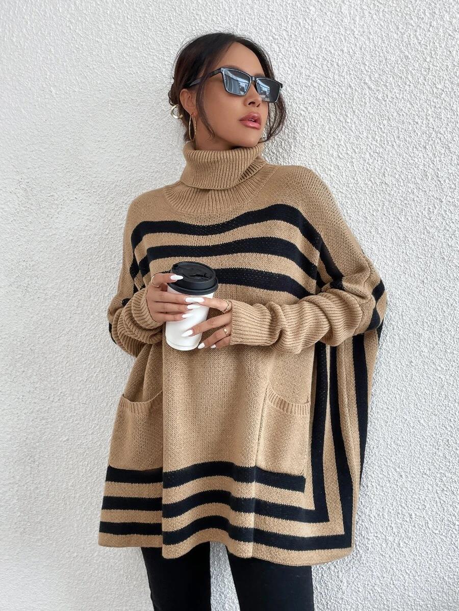 Title 5, Turtleneck Striped Batwing Sleeve Cape And Shaw...