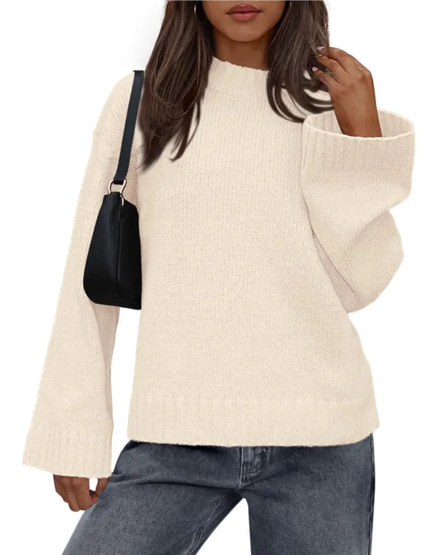 Casual Round Neck Solid Color Knitted Sweaters Women's Clothing Beige - Shop at LoveMi