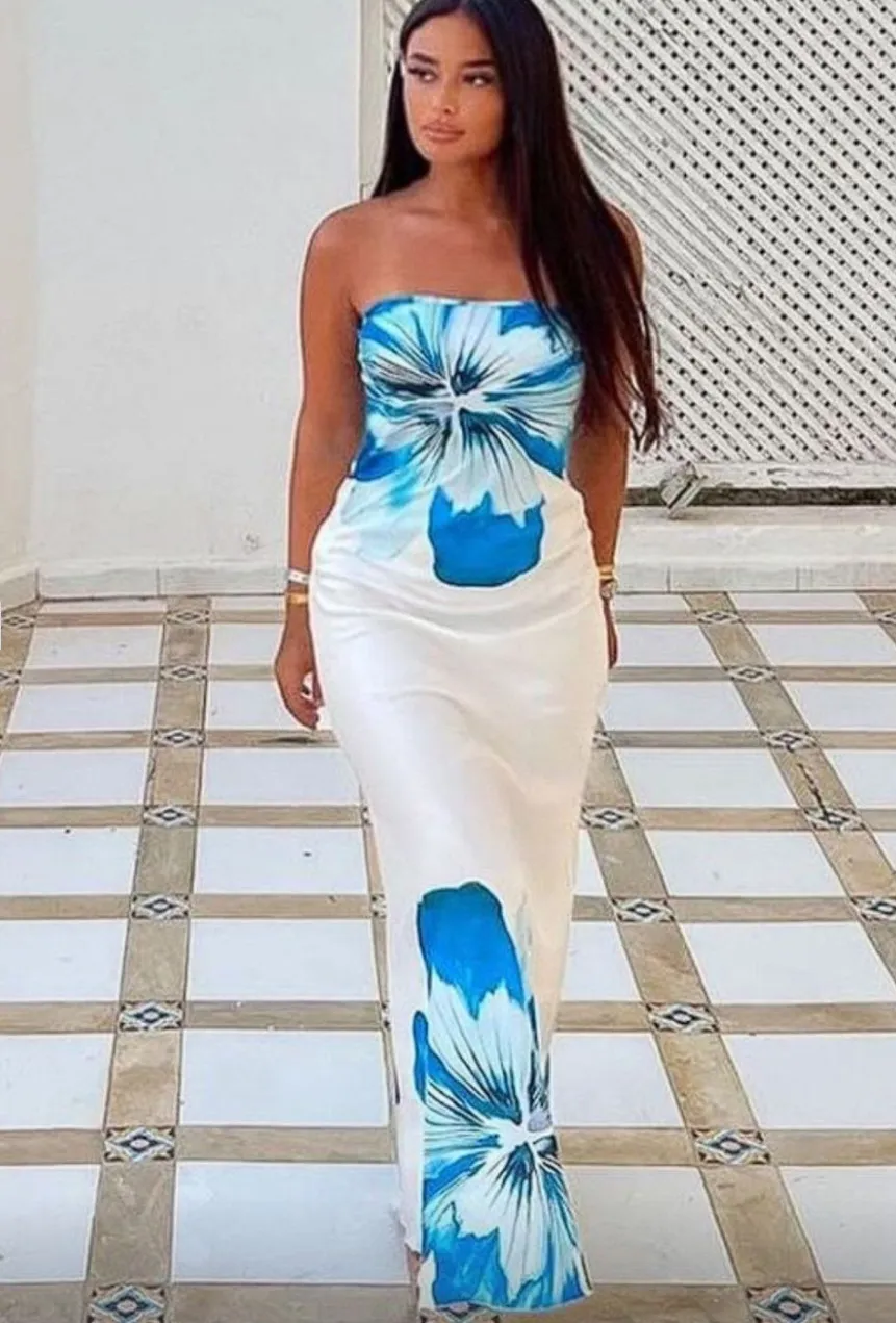 Lady's Sexy Strapless Slim-fit Printed Maxi Dress - White Blue 1