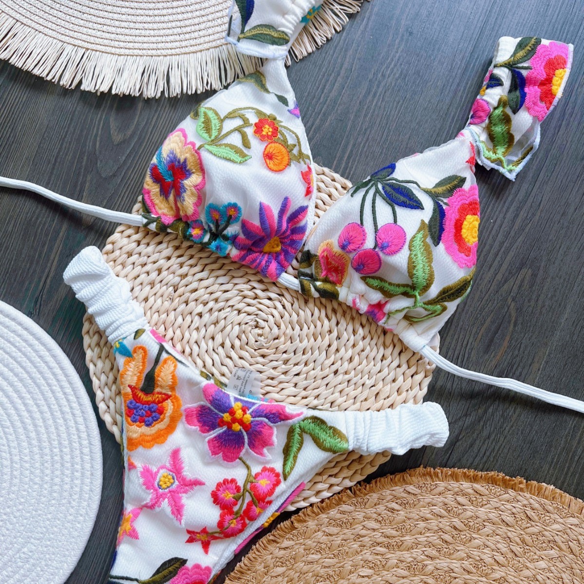 Mesh Multi-color Embroidery Lining Flying Bikini Suit