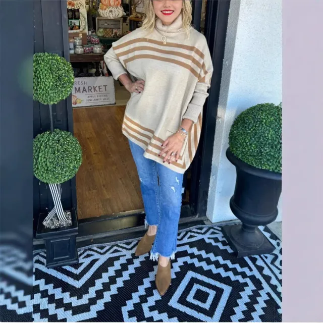 Women's Turtleneck Knitting Batwing Sleeve Striped Sweater Off White - Shop at LoveMi