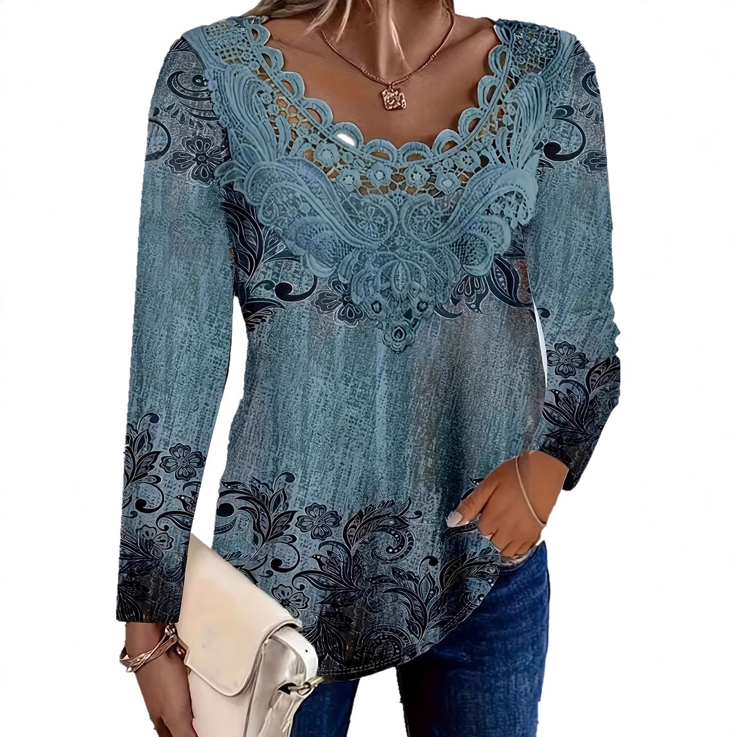 Women's Stitching Lace Round Neck Long Sleeve Top