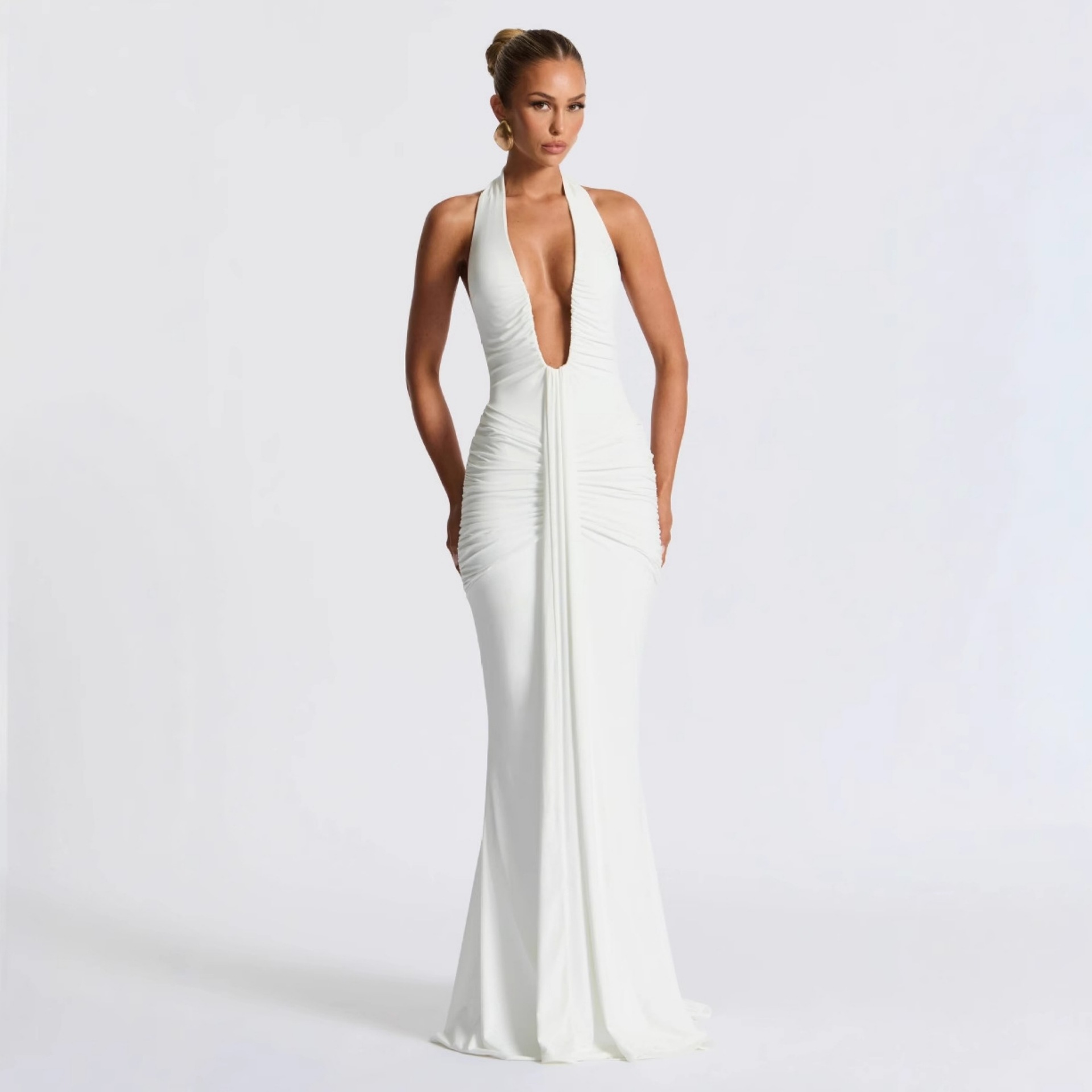 Sexy Temperament Halter Backless Slim fit Pleated Dress White - Shop at LoveMi