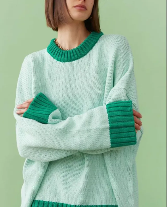 Popular Contrast Color Bright Loose Long Sleeve Pullover Sweater Green - Shop at LoveMi