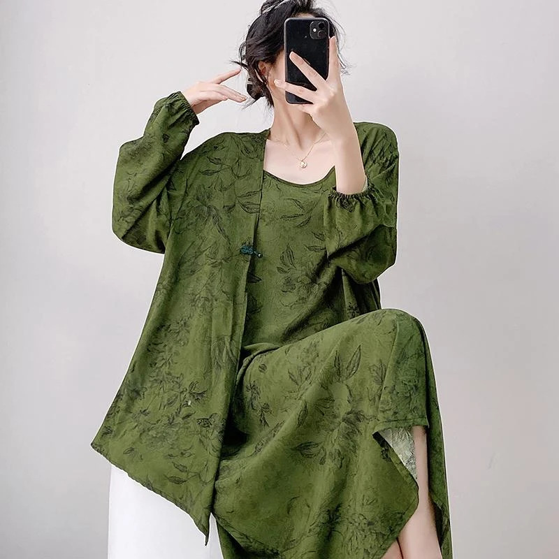 Womens Loose Casual Printed Camisole Dress And Outerwear Set