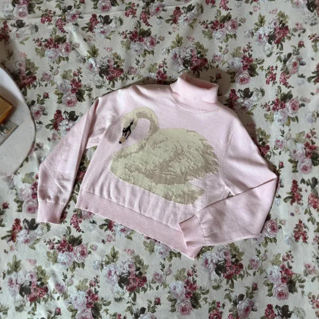 Elegant Swan Pattern Commuter Warm Loose Turtleneck Sweater Pink - Shop at LoveMi