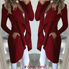 Women's Plus Size Solid Color Polo Collar Slim Fit Long Trench Coat - Wine Red - View 1