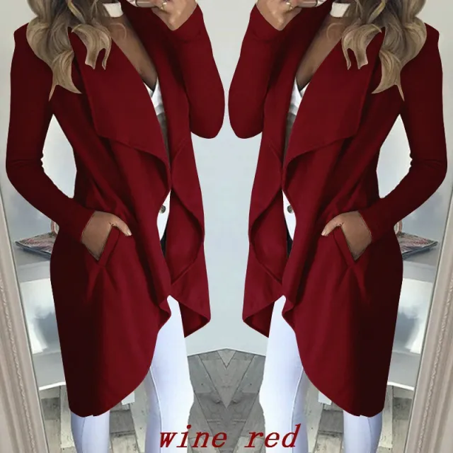 Women's Plus Size Solid Color Polo Collar Slim Fit Long Trench Coat Wine Red - Shop at LoveMi