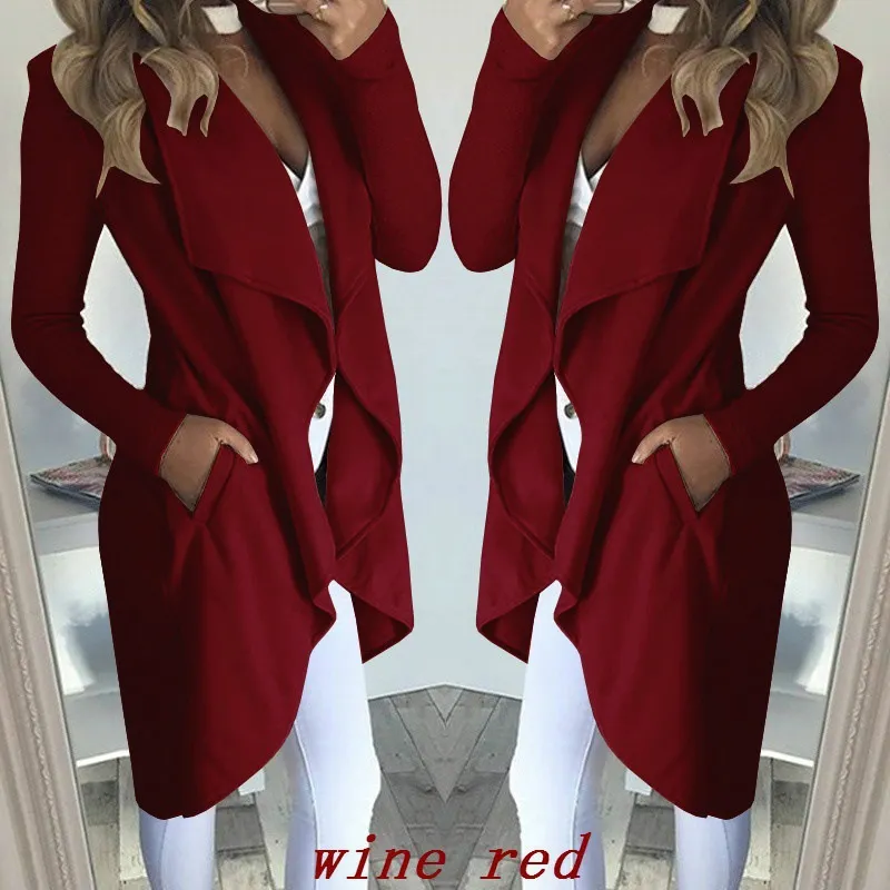 Women's Plus Size Solid Color Polo Collar Slim Fit Long Trench Coat - Wine Red
