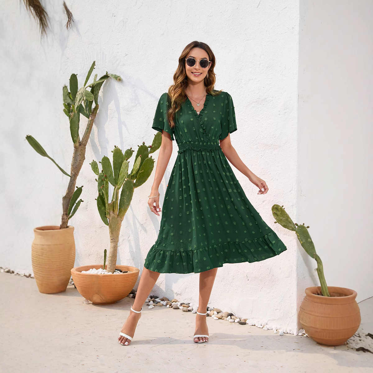 V-neck High Waist Tied Dress Fur Ball Short Sleeve