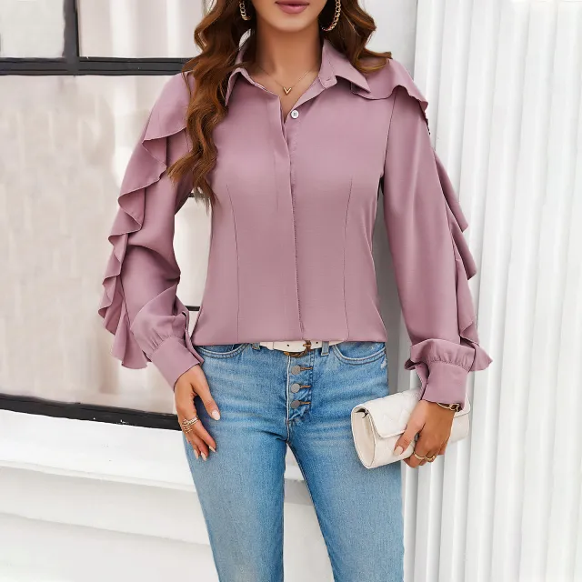 Spring And Summer Leisure Solid Color Ruffle Sleeve Shirt Lotus Pink - Shop at LoveMi