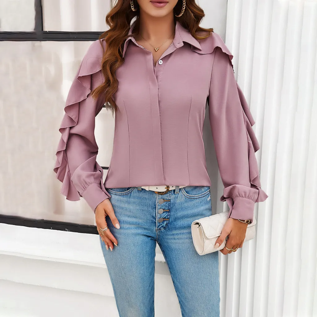 Spring And Summer Leisure Solid Color Ruffle Sleeve Shirt - Lotus Pink