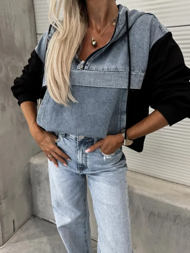 Fashion Loose Casual Washing Denim Stitching Hooded Women's Sweater Black - Shop at LoveMi