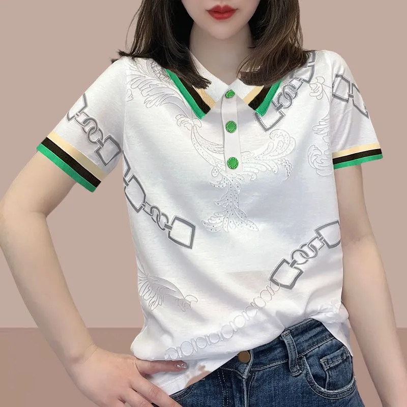 Colour Matching Polo Collar Printed Rhinestones Short Sleeve Women's Top - White
