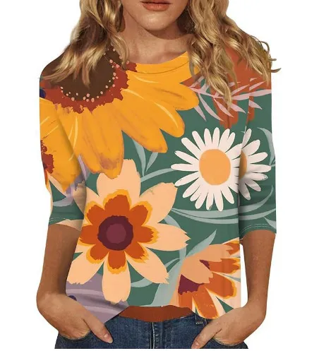 New Women's Clothing Round Neck 34 Sleeves Loose Print T shirt 0099 Style - Shop at LoveMi