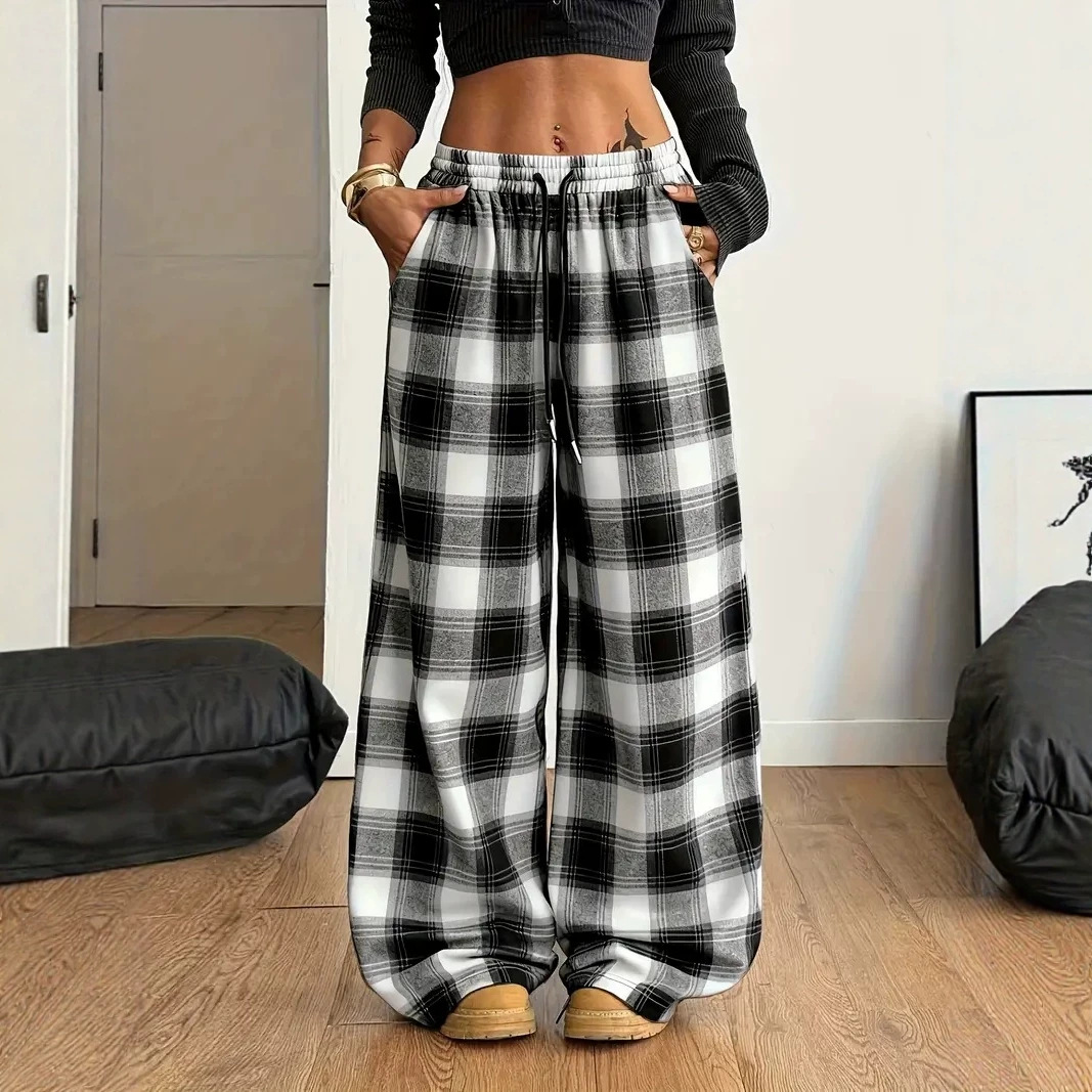 Plus-size Retro Plaid Casual Loose-fit Pants