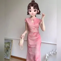 Cheongsam With Mother-of-pearl Buttons Dress - Pink - View 1