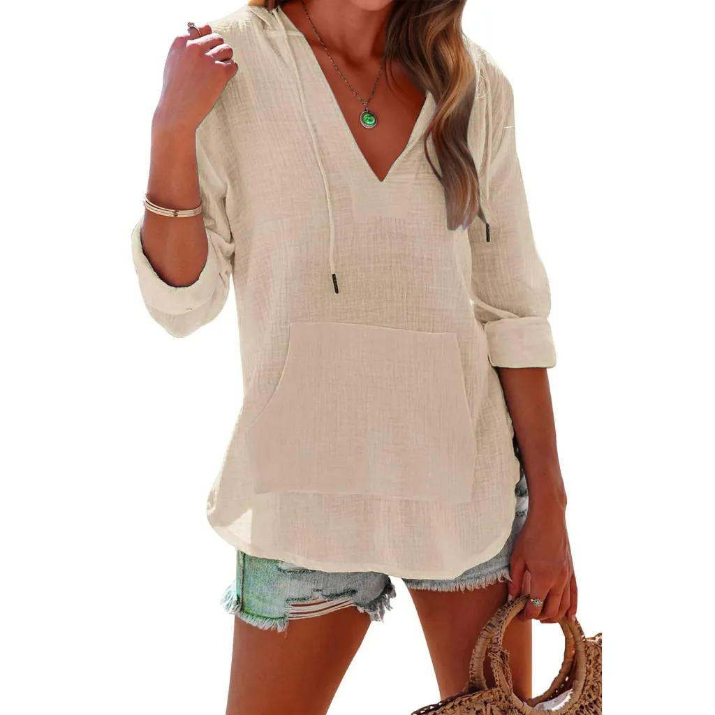 V-neck Hooded Shirt With Pockets Fashion Sports Long-sleeved Split Shirts Tops For Women Clothing - Apricot
