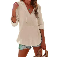 V-neck Hooded Shirt With Pockets Fashion Sports Long-sleeved Split Shirts Tops For Women Clothing - Apricot - View 1