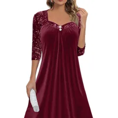 Elegant Christmas Sparkle With Button Trim Long Sleeve Dress - Wine Red - View 1