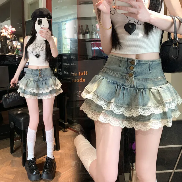 Pure Style Double layer Lace Ruffled Denim Skirt Women Blue - Shop at LoveMi