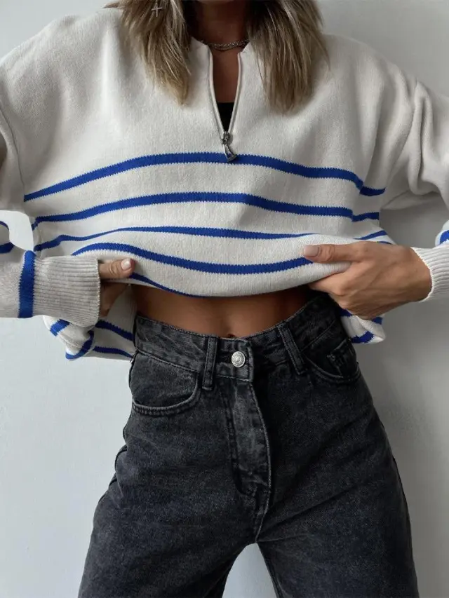 Zipped Round Neck Striped Sweater Women Loose Plus Size Knitwear Blue - Shop at LoveMi